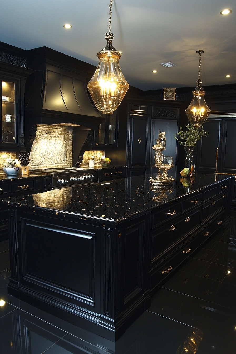 Luxurious Kitchen with Ebony Elegance Cabinets and Gold Accents