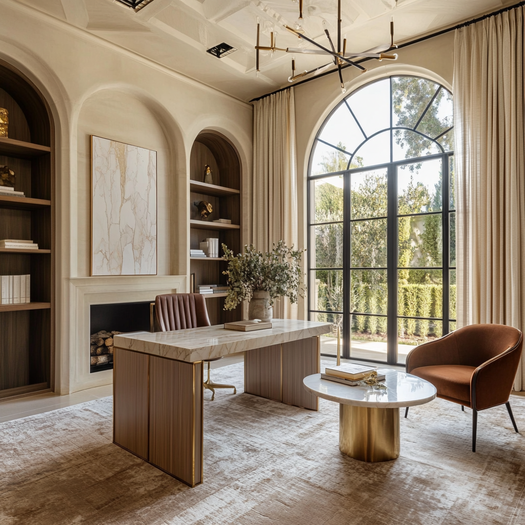 Luxurious Mediterranean-inspired home office with modern elegance