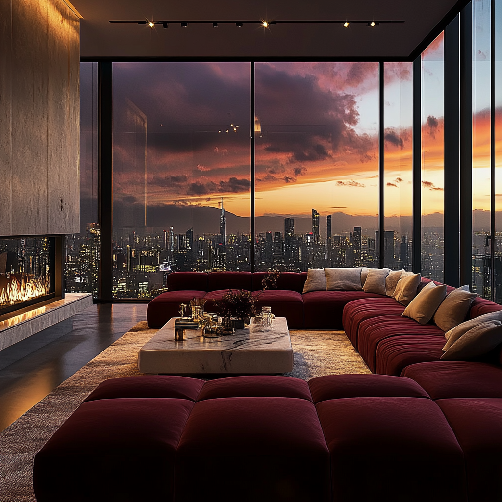 Luxurious Modern Living Room with City View Simulation