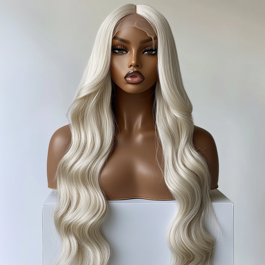 Luxurious Platinum Blonde Brazilian Body Wave Wig Exhibition