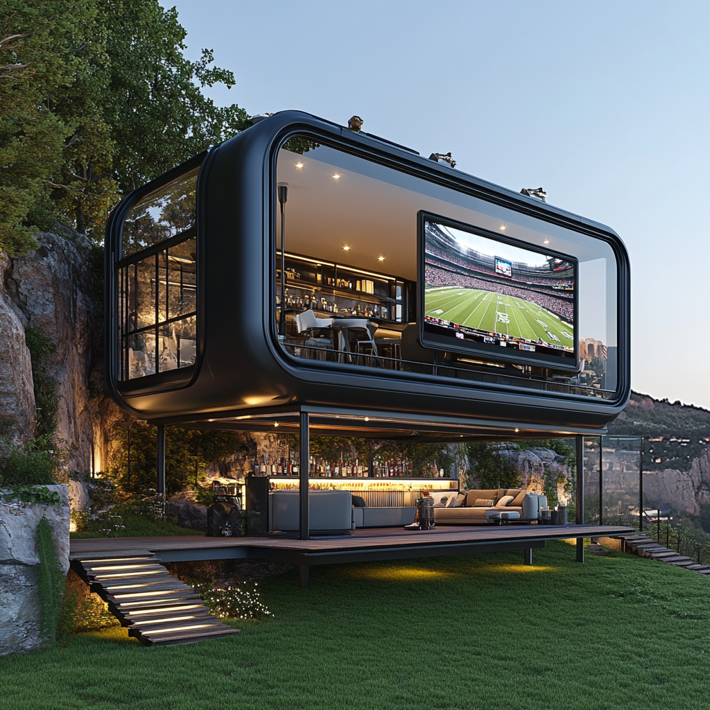 Luxurious Raiders-themed camper pods with sports-themed man cave.