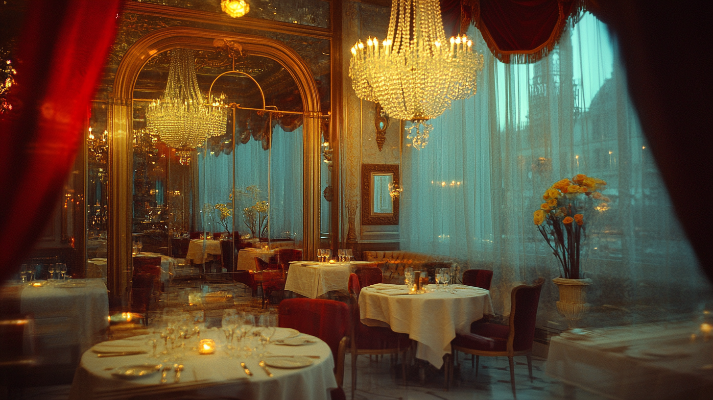 Luxurious Restaurant Interior with Velvet Curtains and Chandeliers.