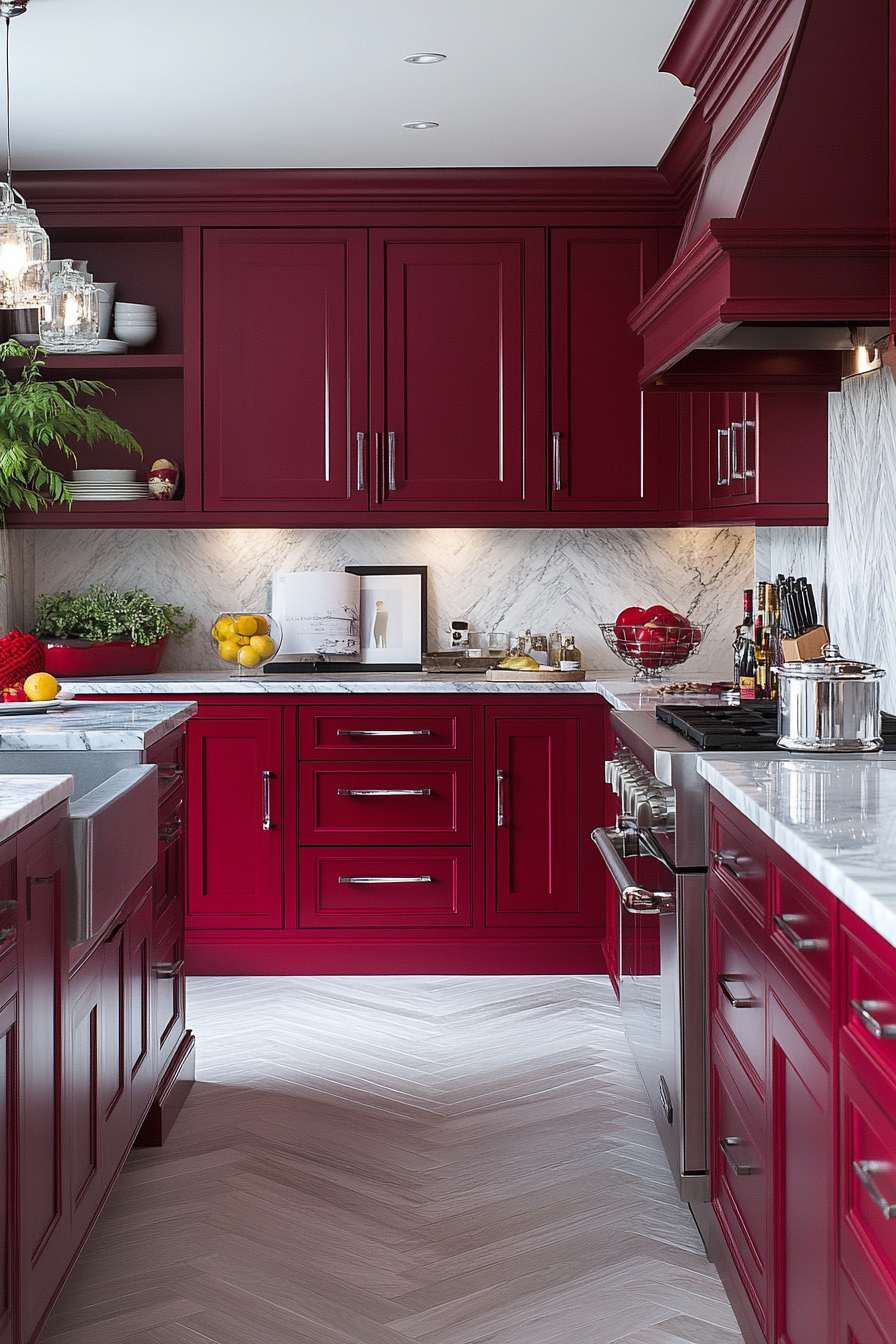 Luxurious Ruby Red Kitchen with Marble and Chrome