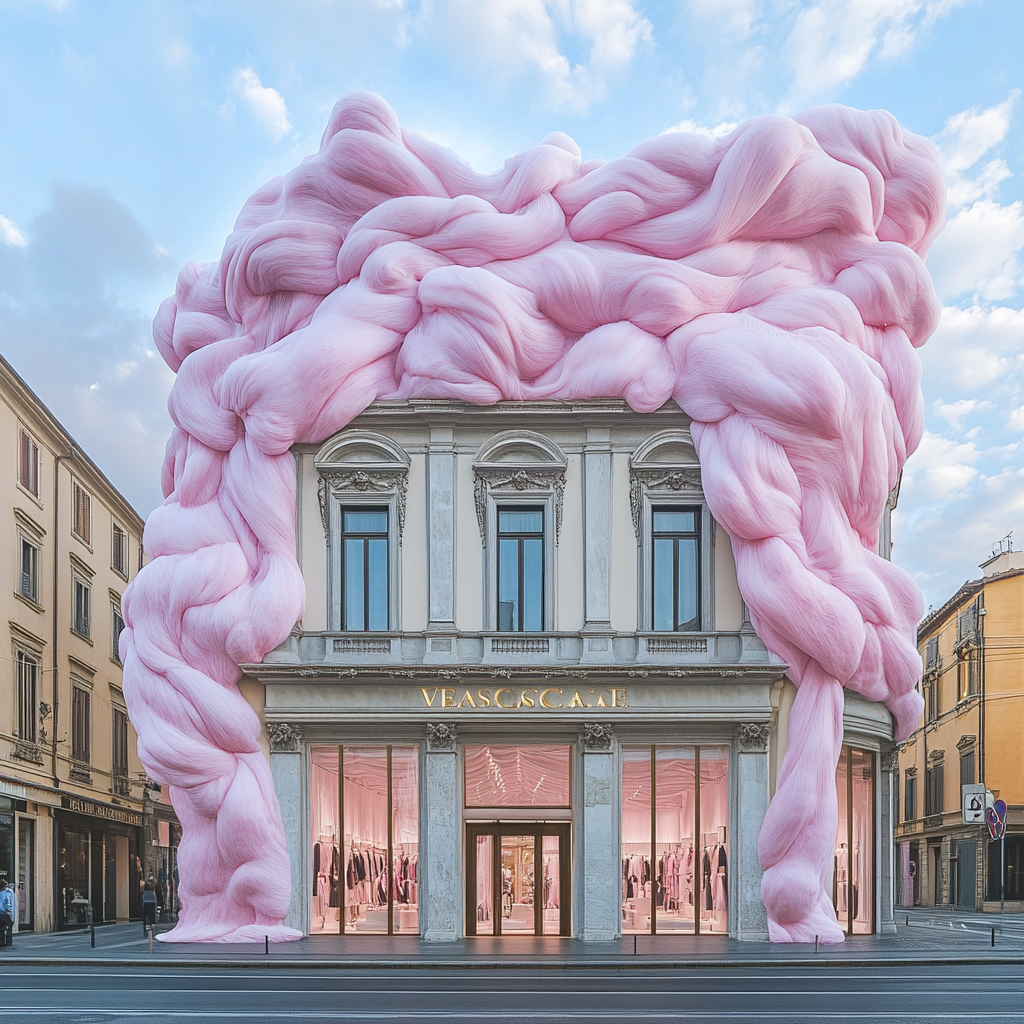 Luxurious Versace store in historic building draped in fabric.