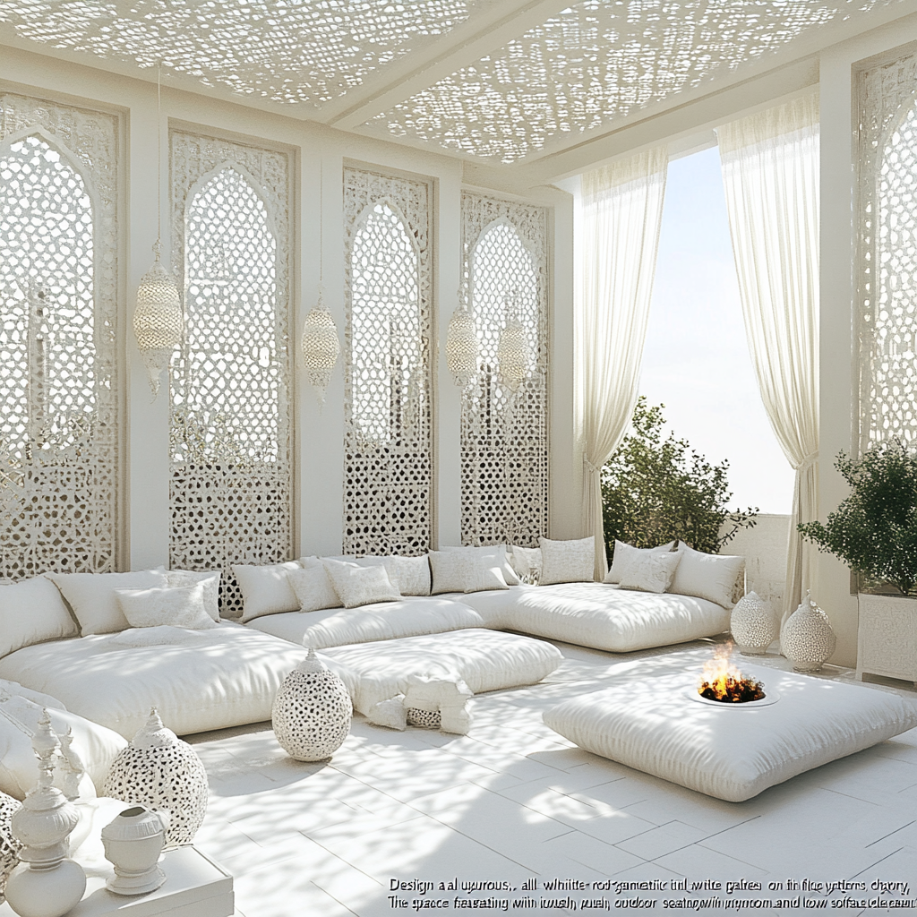 Luxurious all-white Moroccan-style roof garden with intricate patterns