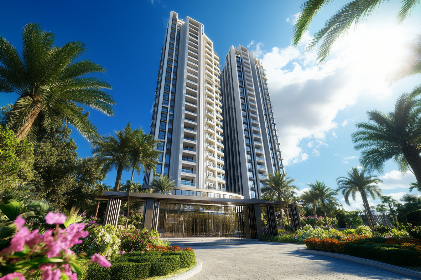 Luxurious apartment building with glass windows and garden