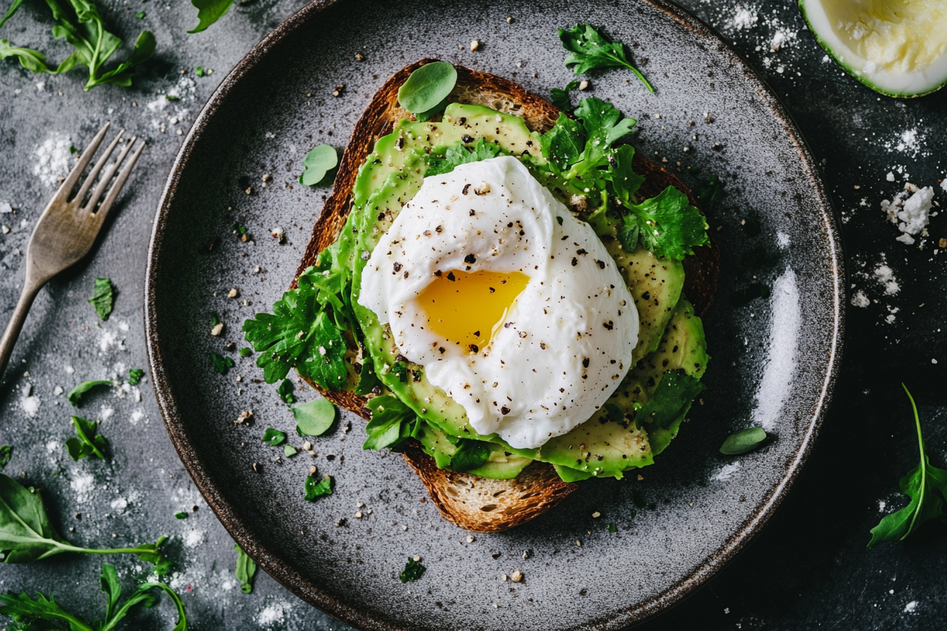 Luxurious avocado toast with poached egg, dramatic lighting