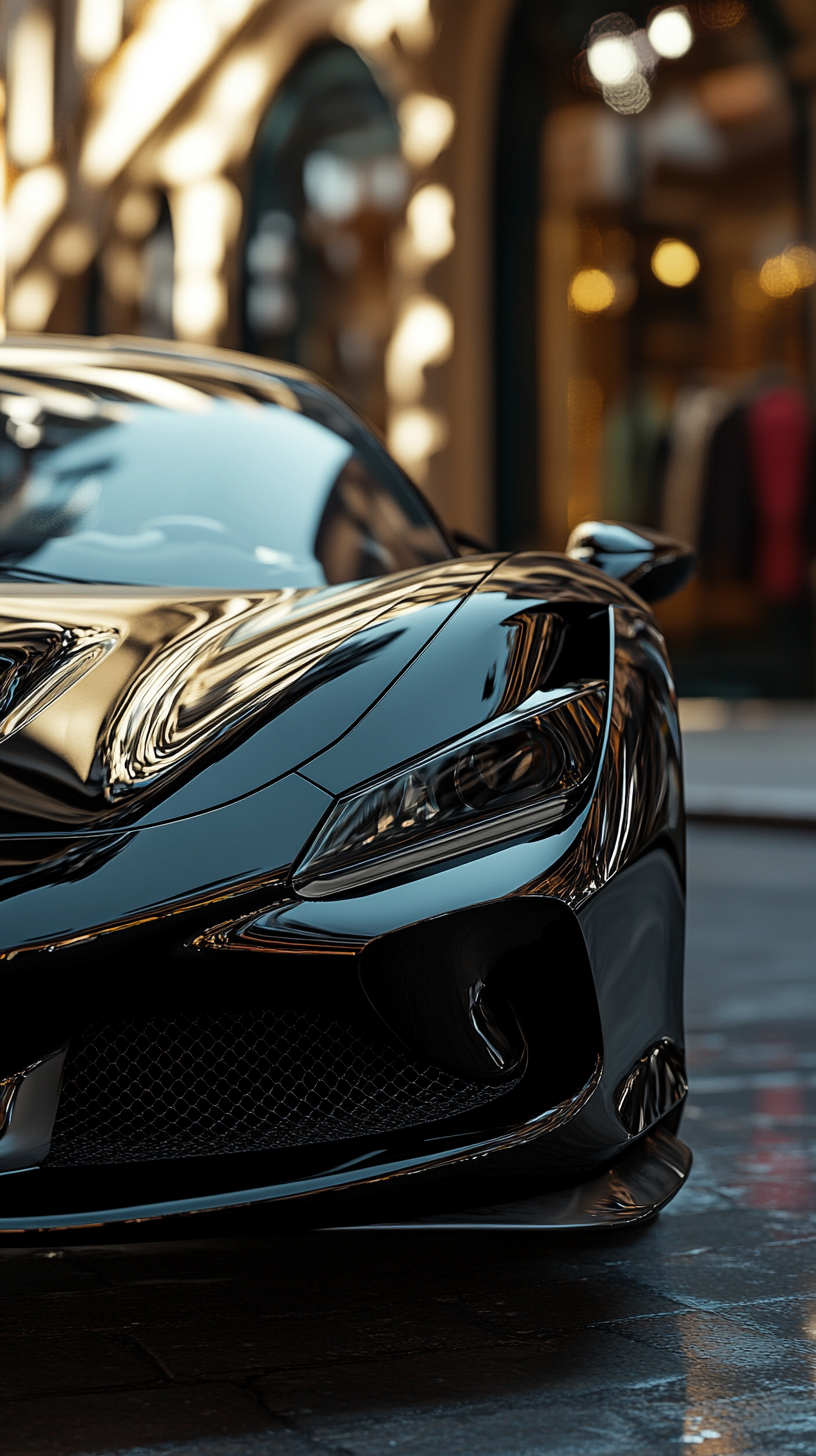 Luxurious black Ferrari F8 Tributo with boutique background