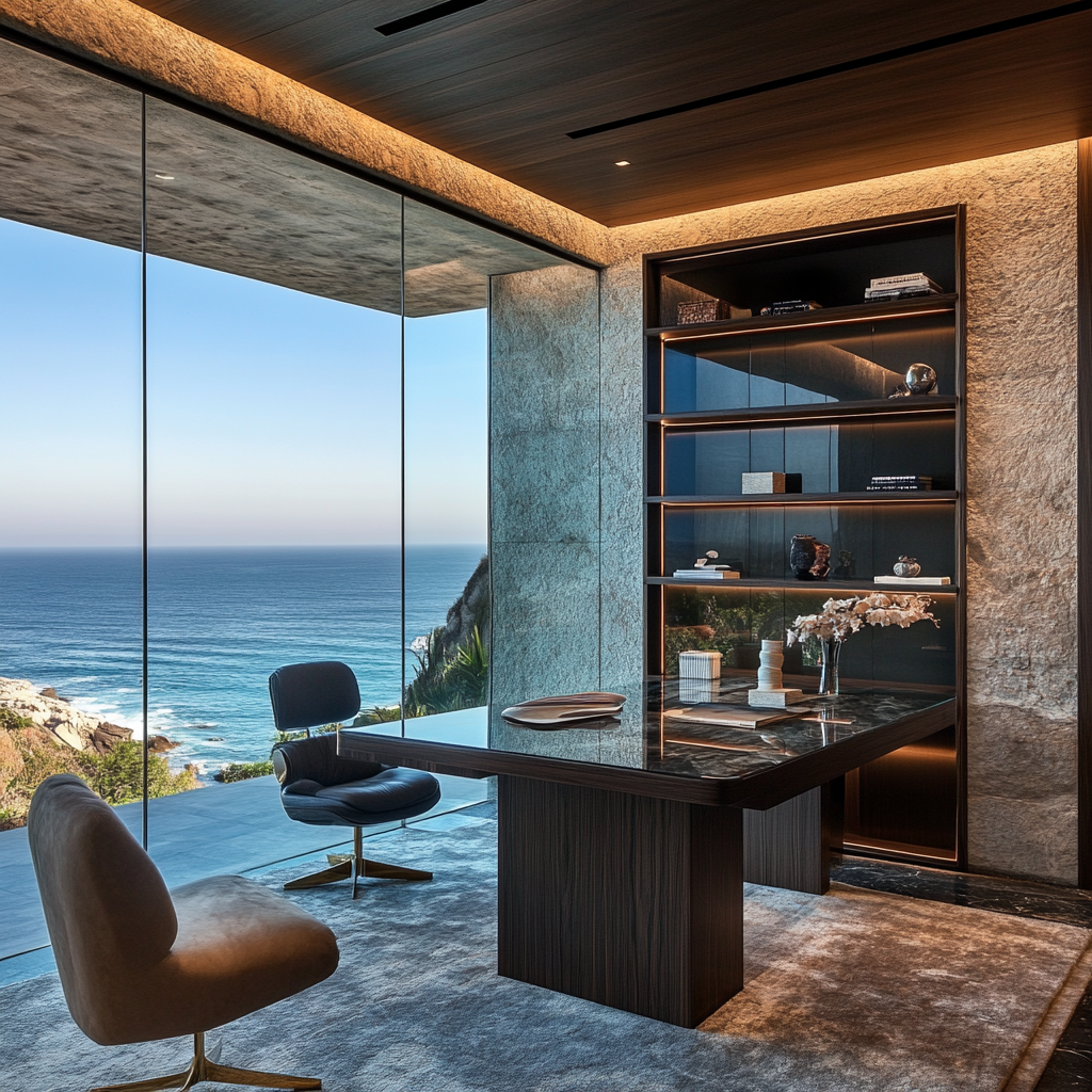 Luxurious cliffside office with ocean view and modern design