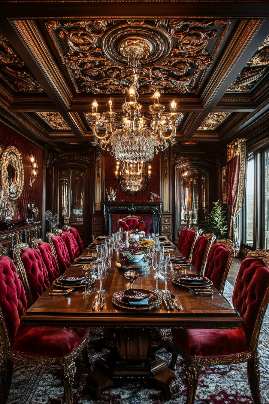 Luxurious dining area with Mediterranean opulence. Sumptuous lighting.