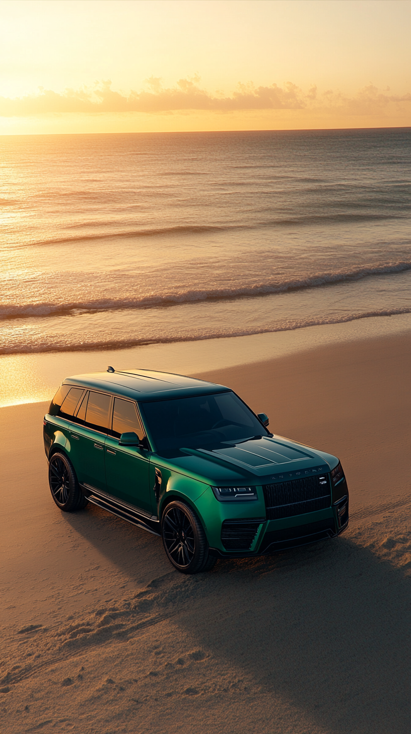 Luxurious emerald green SUV parked on beach.