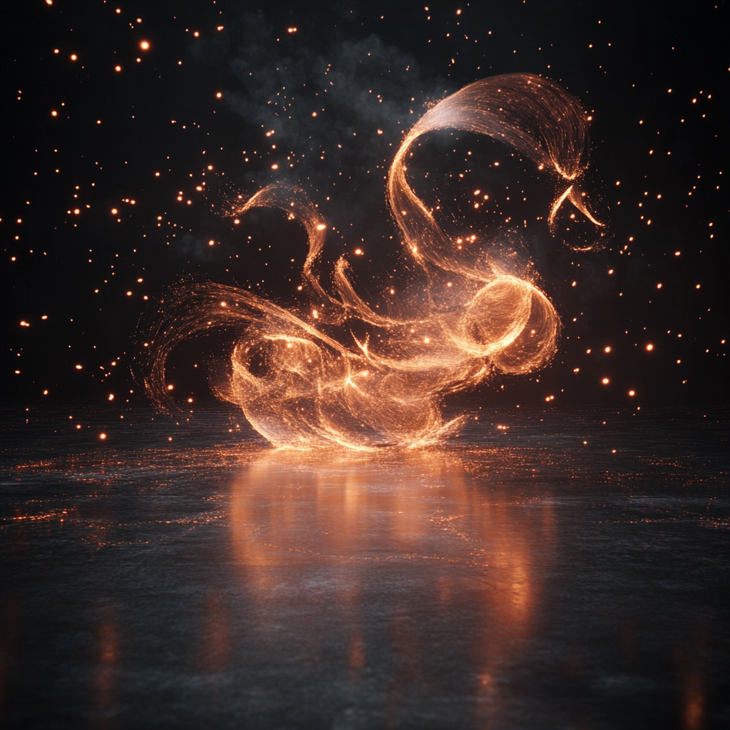 Luxurious fire swirling in dark space with glowing embers