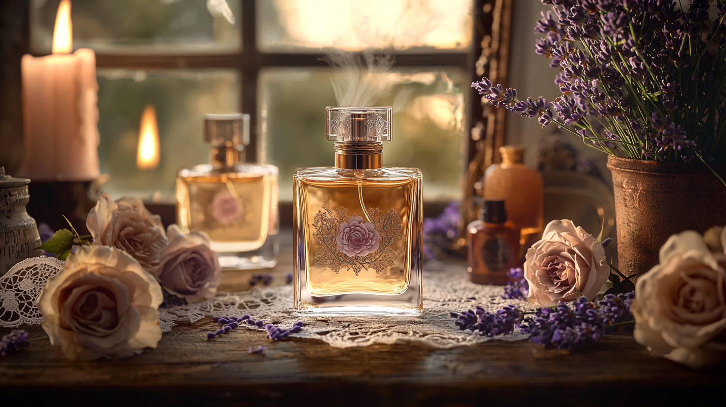 Luxurious fragrance scene with elegant vintage perfume bottles.