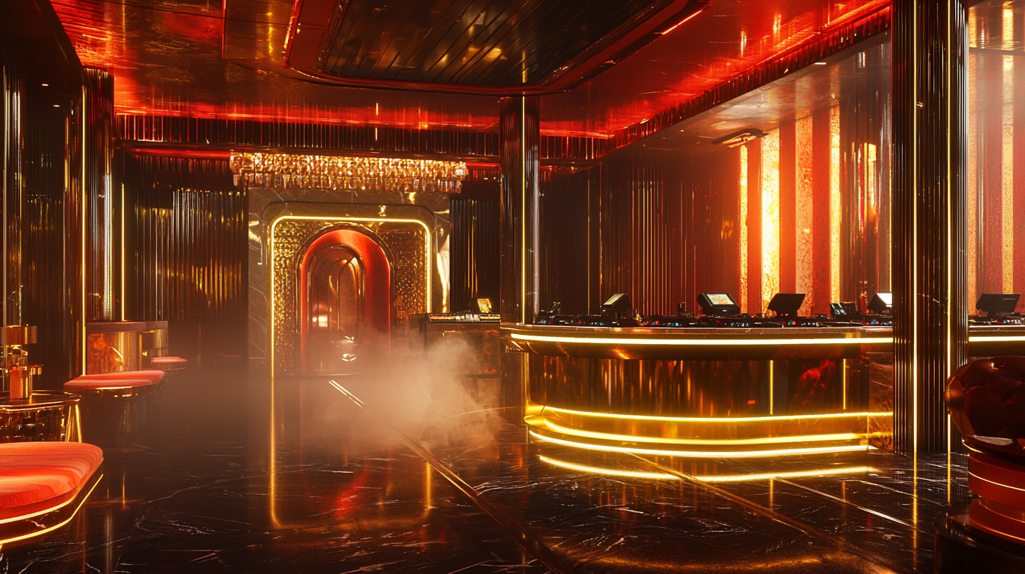 Luxurious futuristic nightclub with elegant Art Deco decor.