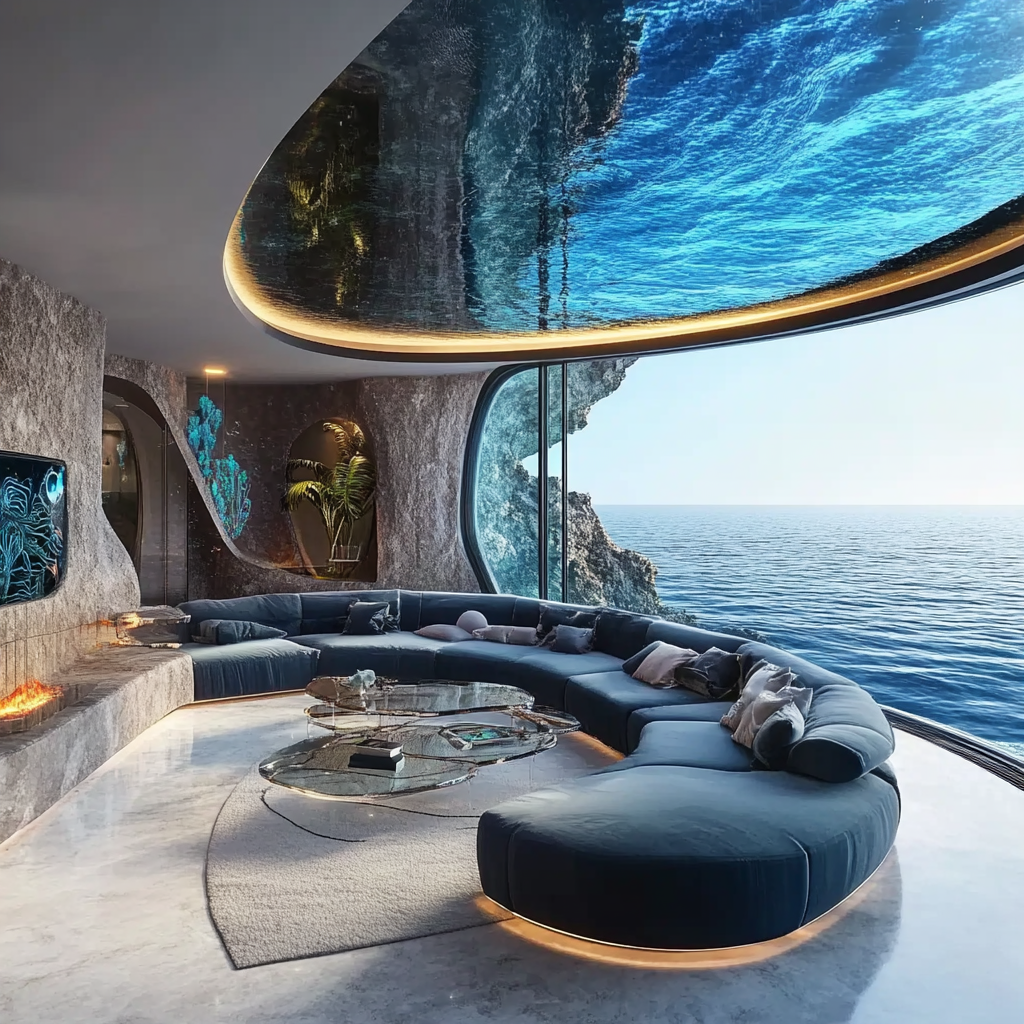 Luxurious futuristic underwater living room with marine-inspired art