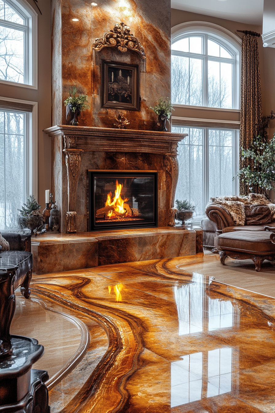 Luxurious granite fireplace in elegant living room.