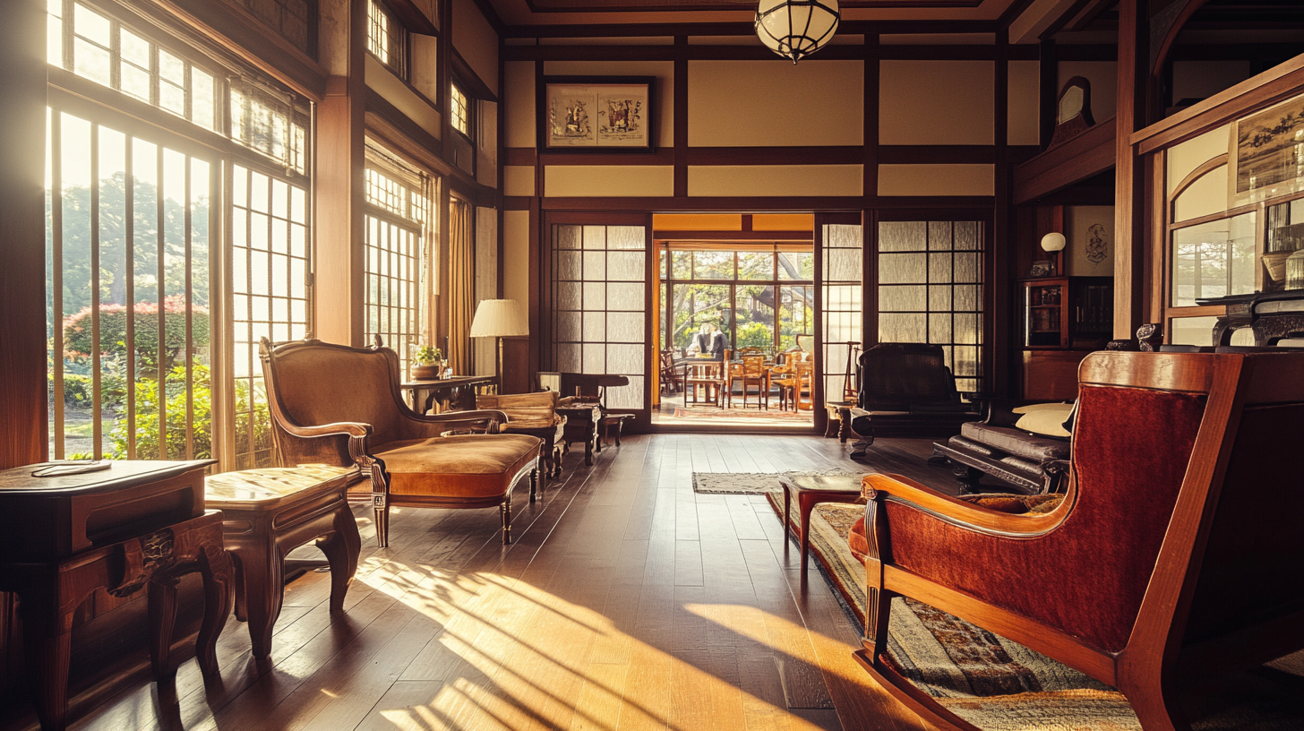 Luxurious hotel lounge in 19th century Japan