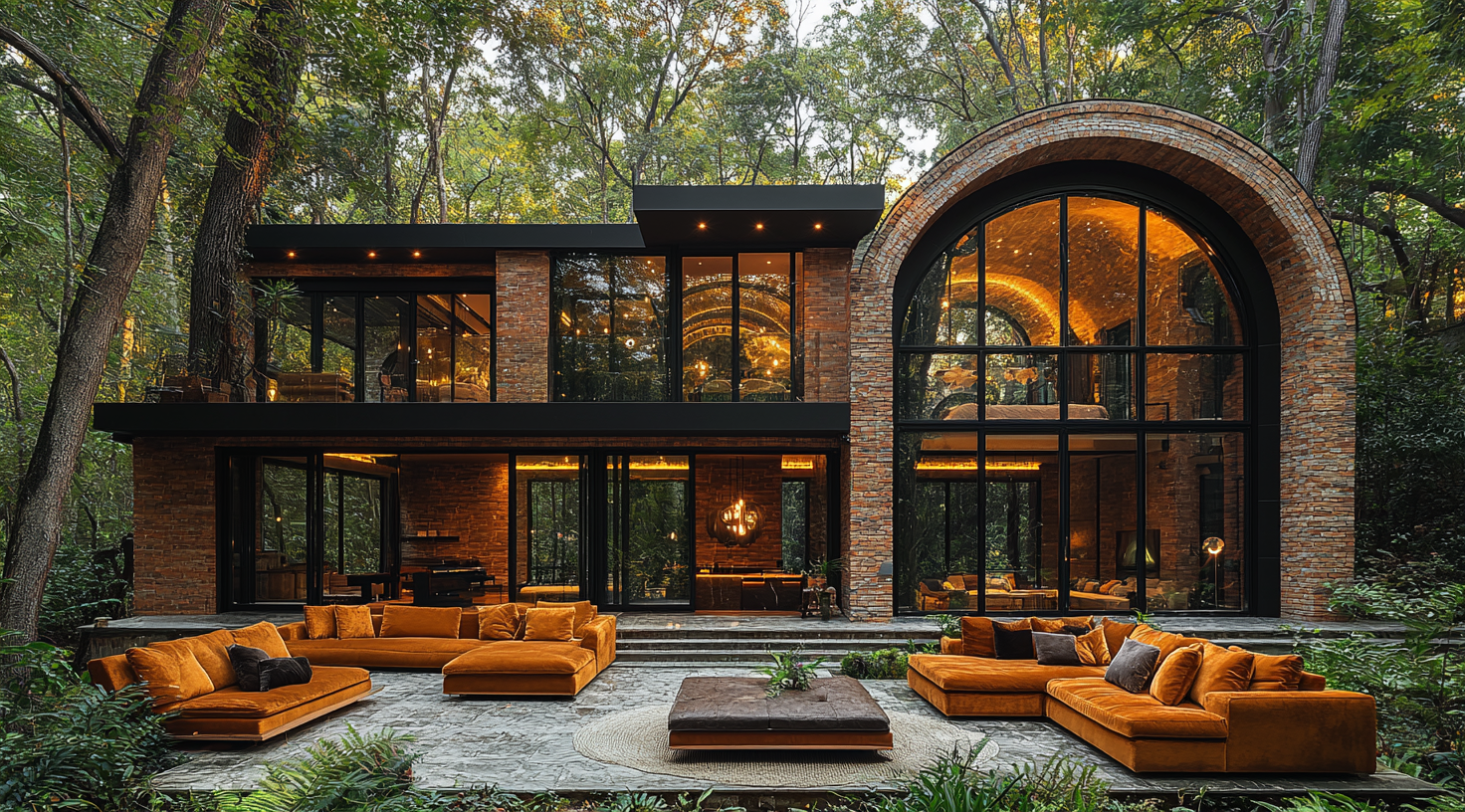 Luxurious house with arched window, overlooking forest.