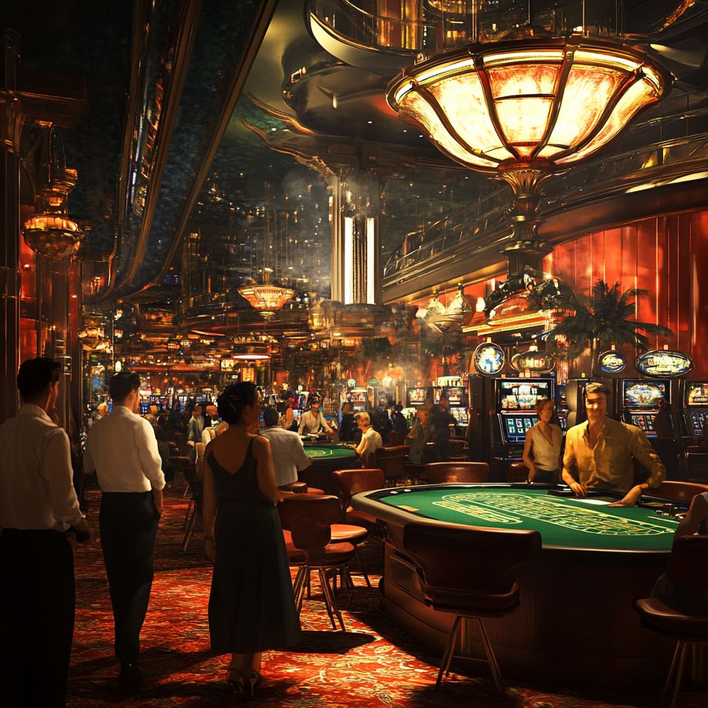 Luxurious hyper-realistic casino scene with bright lights, slot machines, and poker tables.