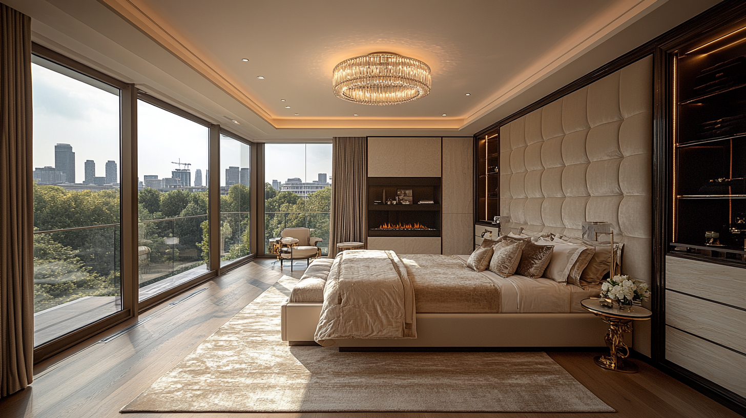 Luxurious modern bedroom with elegant chandelier and marble fireplace.