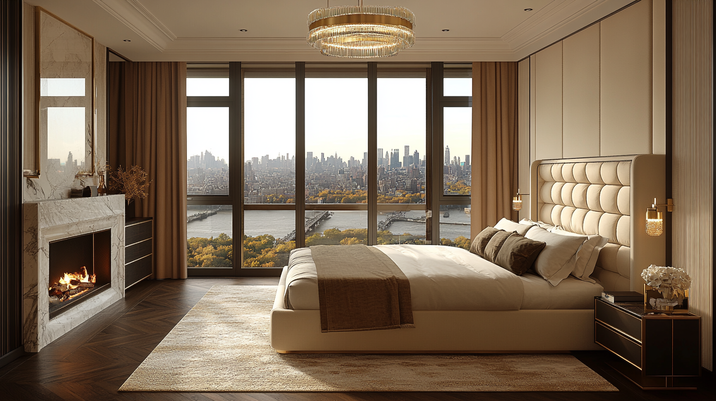 Luxurious modern bedroom with king-sized bed and elegant lighting.