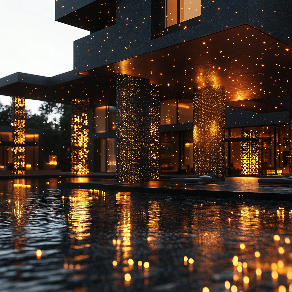 Luxurious modern mansion with honey pillars and honeycomb exterior.