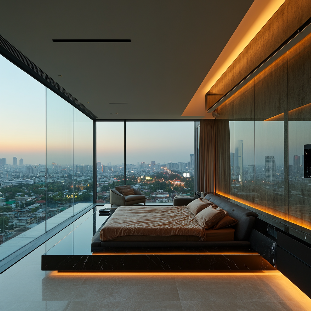 Luxurious modern master bedroom with stunning city view