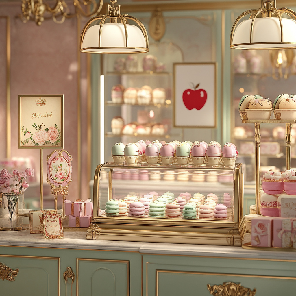 Luxurious petri display of pastel macarons in Ghibli style.