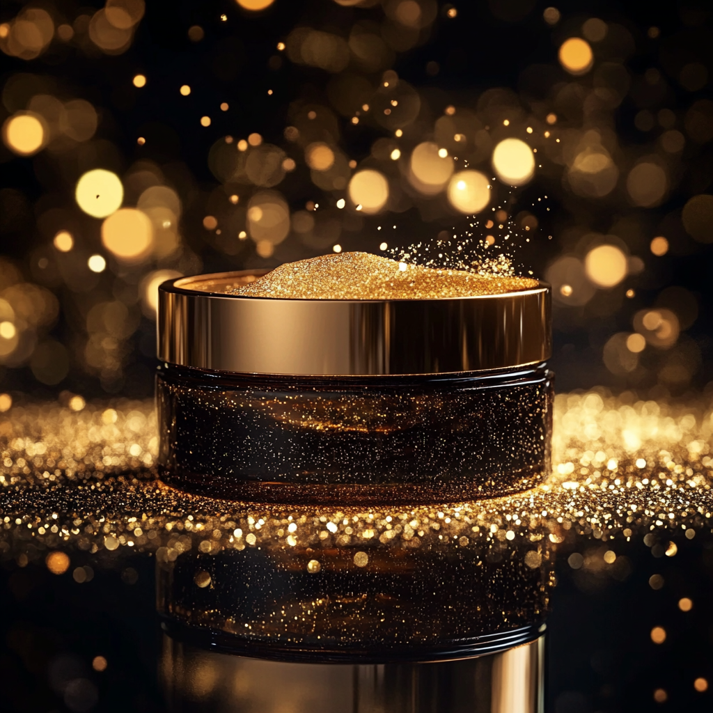 Luxurious skincare cream in sleek jar with golden particles.