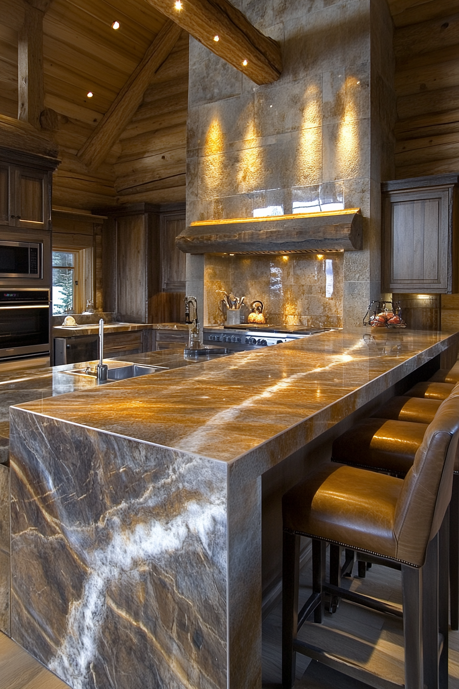 Luxurious small cabin kitchen with marble countertops and designer lighting.