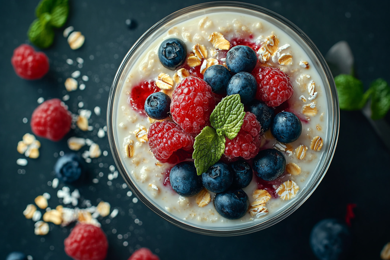 Luxurious top view shot of overnight oats.