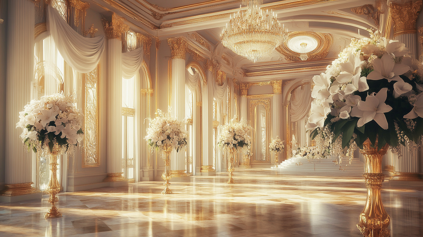 Luxurious wedding ballroom with chandeliers, roses, marble floor