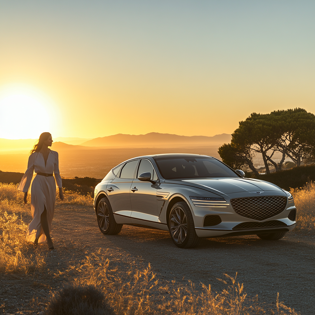 Luxurious woman in designer clothes approaches silver Genesis Gv70.