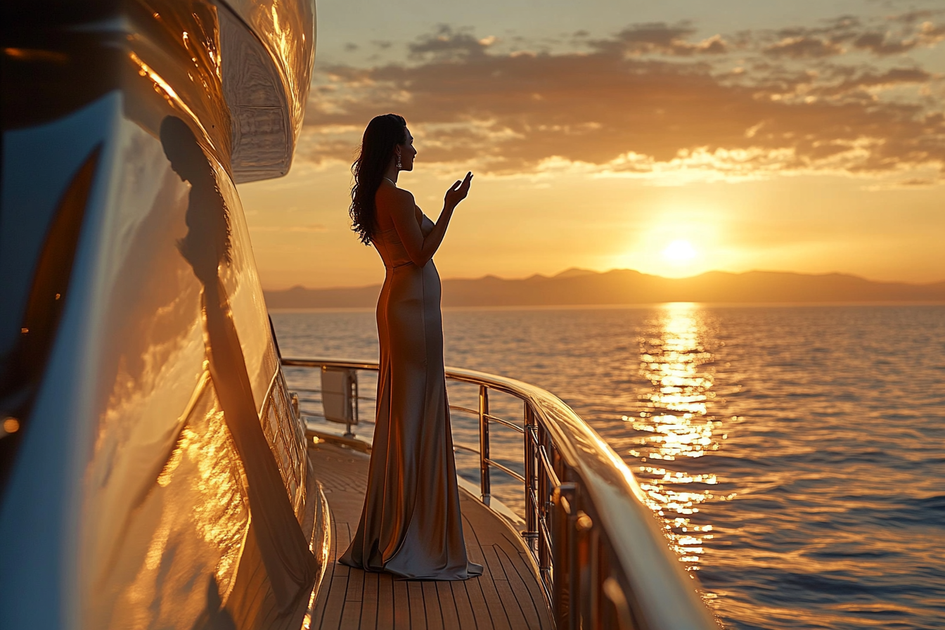 Luxurious yacht performance at sunset, Mediterranean waters sparkling.