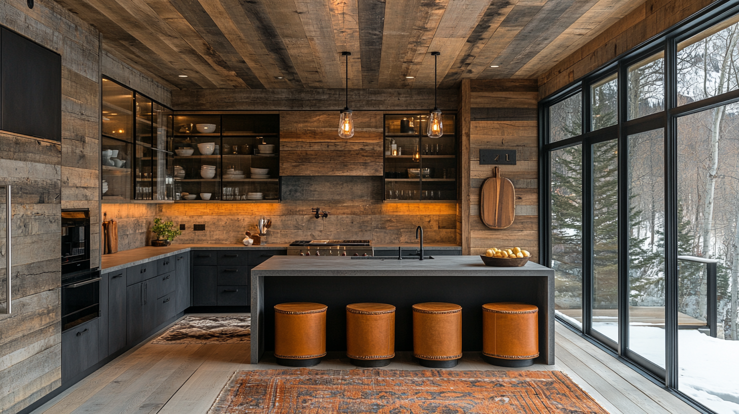 Luxury Aspen home interior, cozy mid century kitchen.