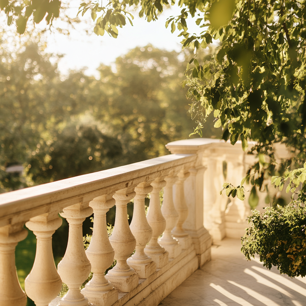 Luxury European Balcony Overlooking Green Park at Morning