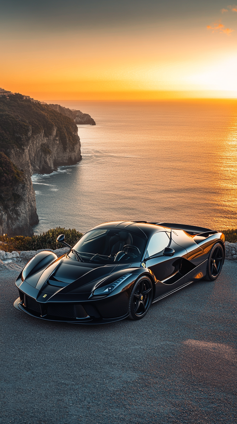 Luxury Ferrari parked on cliff overlooking sea at sunset.