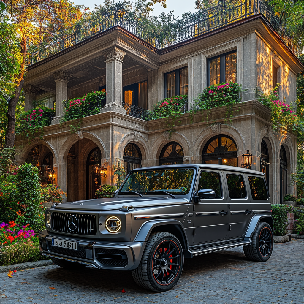 Luxury French mansion with Mercedes in front yard