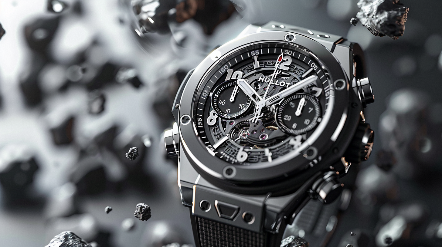 Luxury Hublot-style watch floating with rocks, dramatic lighting.