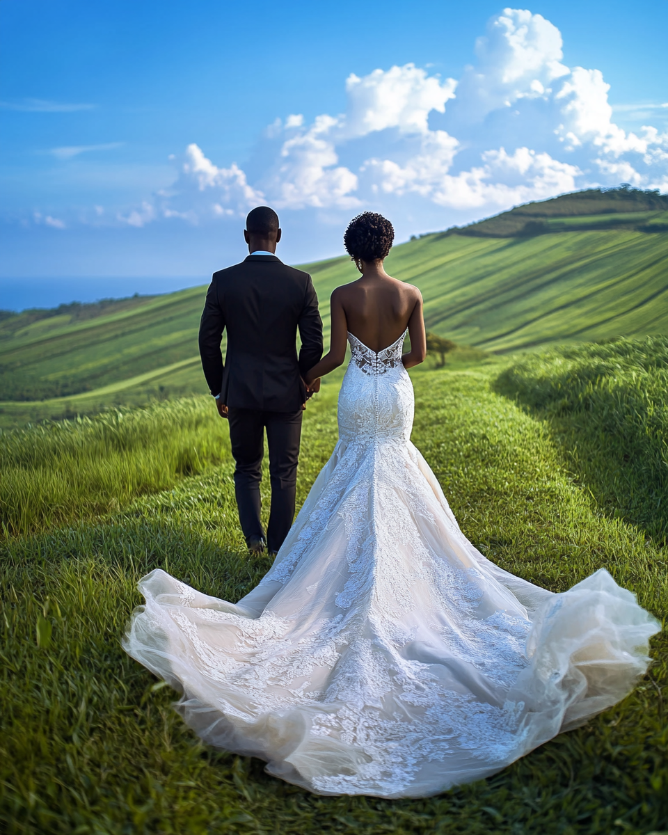 Luxury Rwandan bride and groom walk in hills.