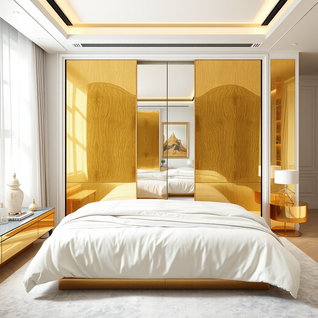 Luxury bedroom with gold mirrored sliding wardrobe.