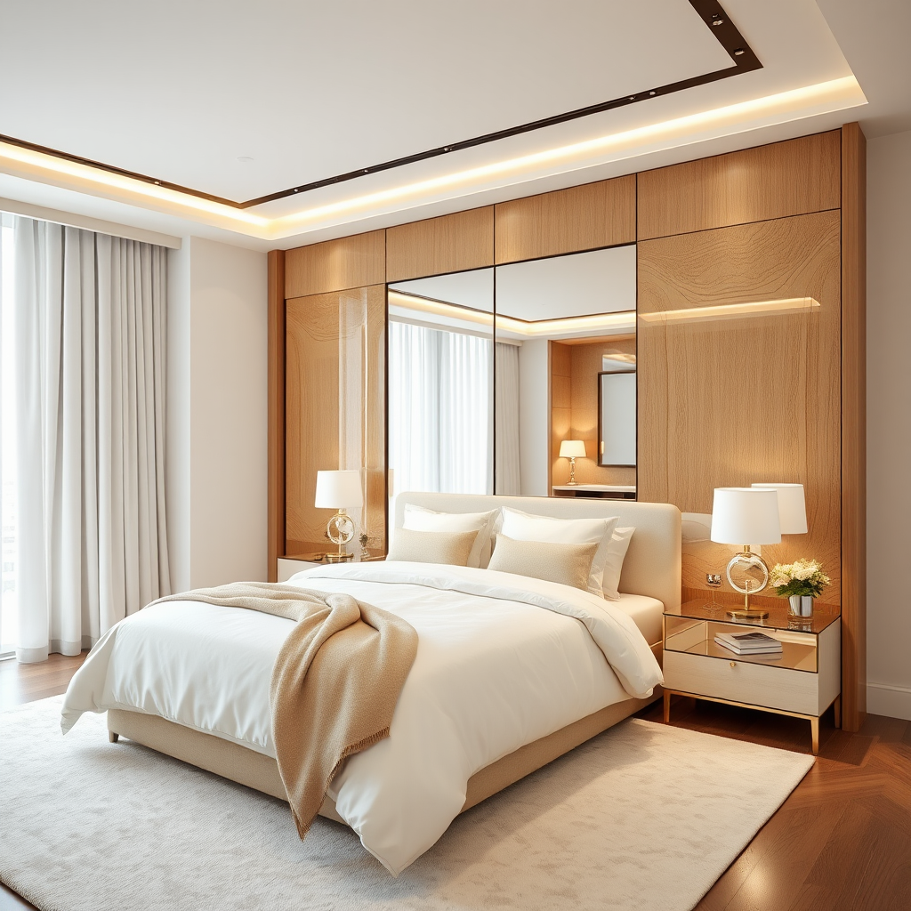 Luxury bedroom with modern wood wardrobe and elegant decor.