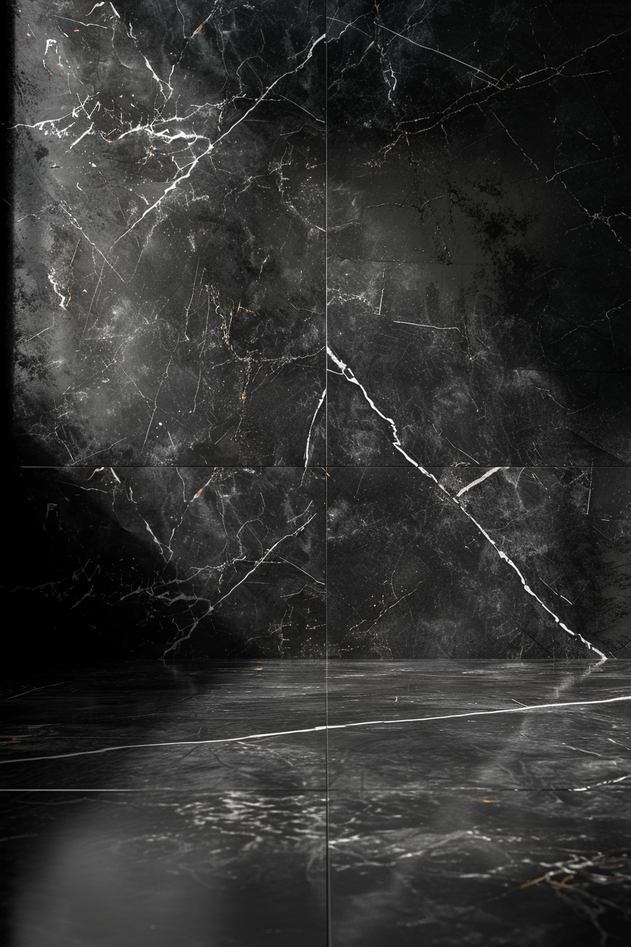 Luxury black marble studio with white texture under single light.