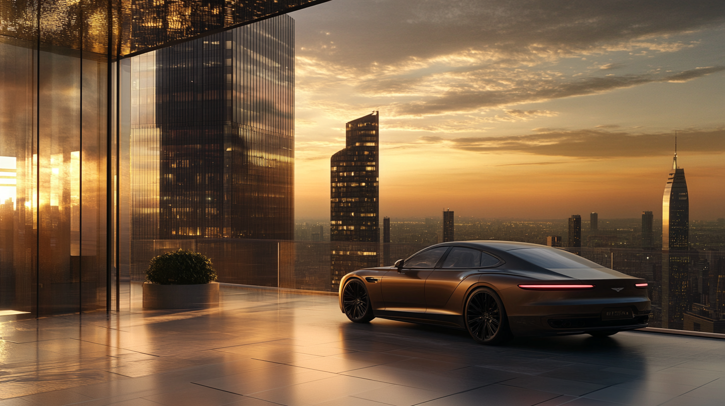 Luxury car on rooftop with city view at sunset.