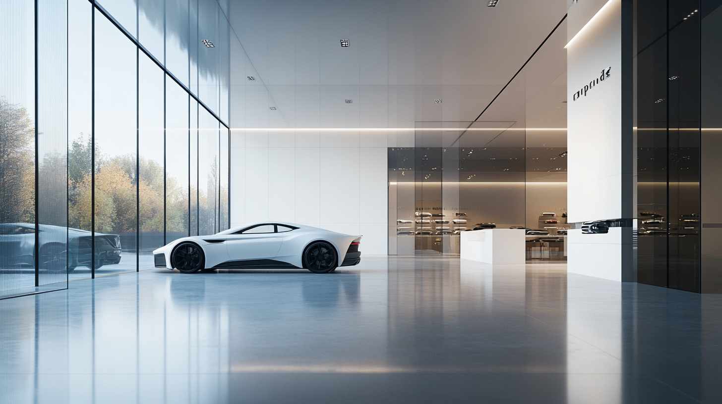 Luxury car showroom with sleek, futuristic design. Bright, open.