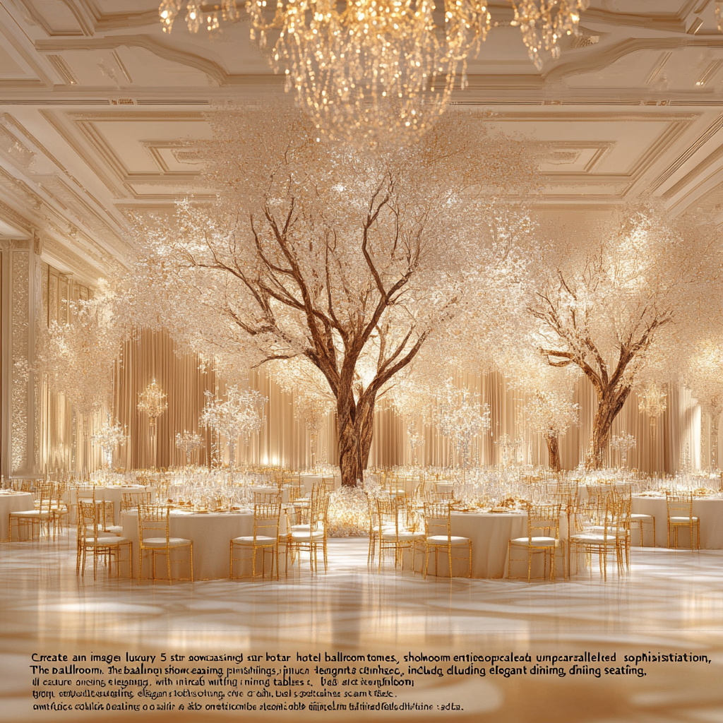 Luxury cream-toned ballroom with lavish furnishings and chandeliers.