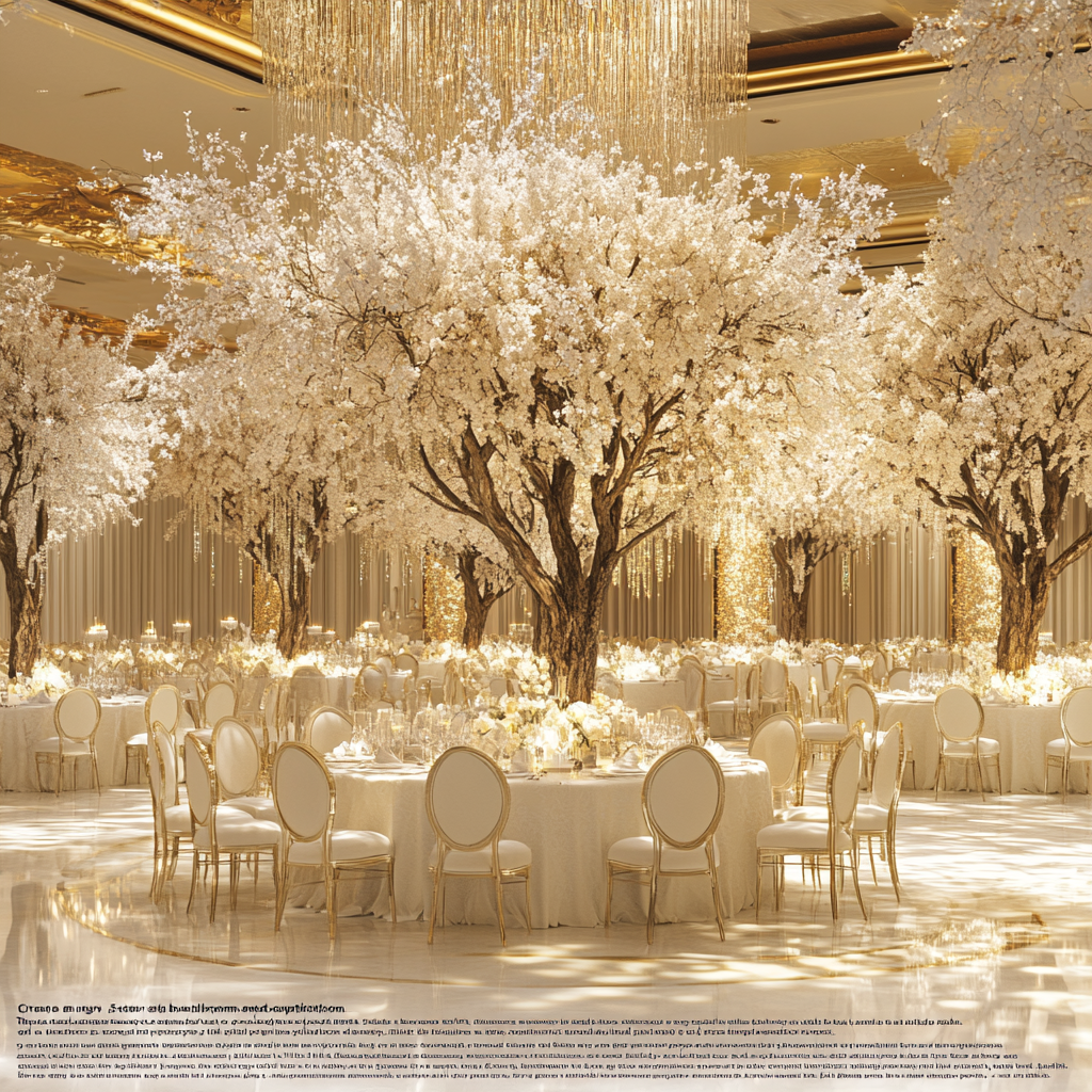 Luxury cream-toned ballroom with opulent furnishings and lighting.