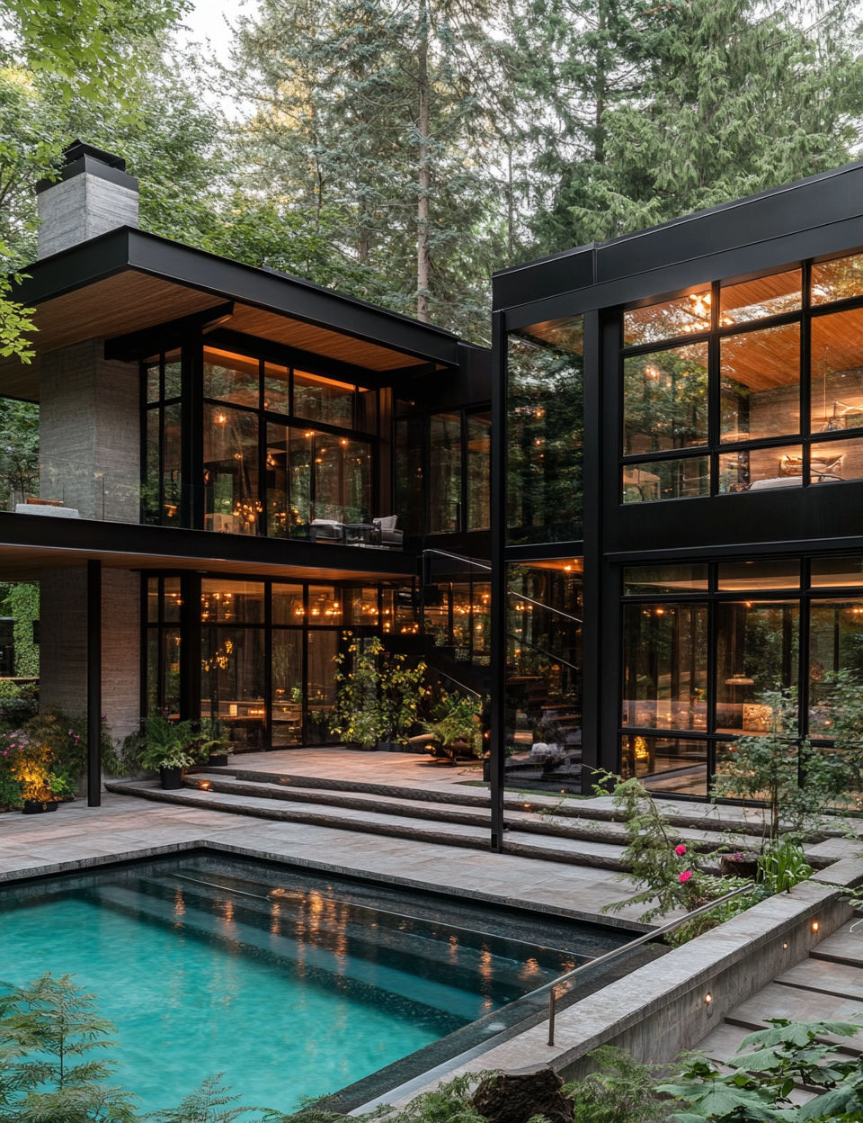 Luxury modern house with glass walls in forest setting.