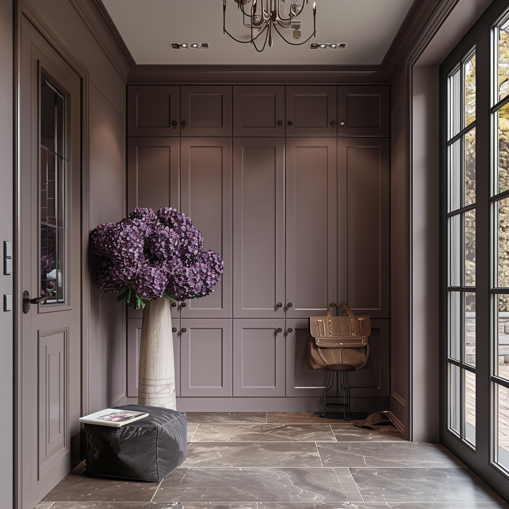 Luxury modern mudroom with black windows and mauve wall.