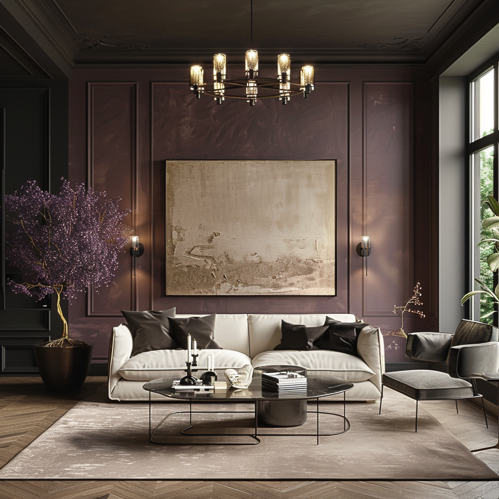 Luxury modern organic living room. Accent walls, cream sofa.